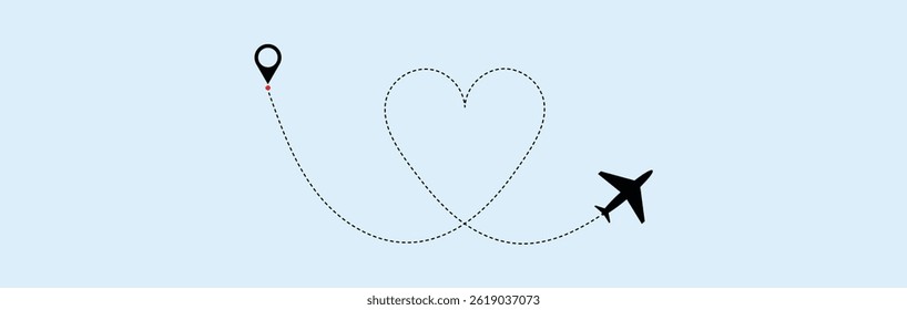 Love airplane route. Heart dashed line trace and plane routes. plane symbol with dotted line route. design for travel, honeymoon, holiday. transparent vector