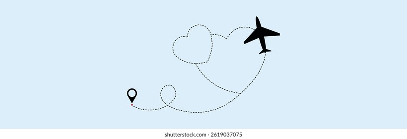 Love airplane route. Heart dashed line trace and plane routes. plane symbol with dotted line route. design for travel, honeymoon, holiday. transparent vector
