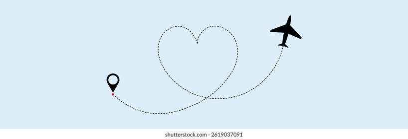 Love airplane route. Heart dashed line trace and plane routes. plane symbol with dotted line route. design for travel, honeymoon, holiday. transparent vector