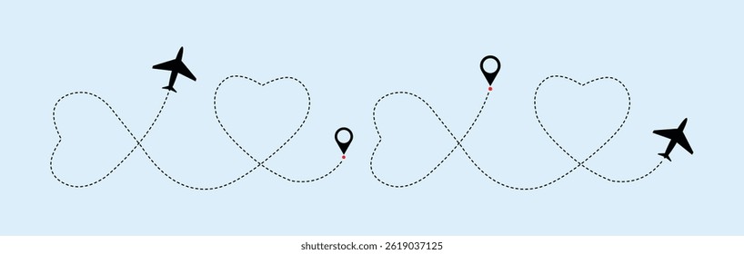 Love airplane route. Heart dashed line trace and plane routes. plane symbol with dotted line route. design for travel, honeymoon, holiday. transparent vector