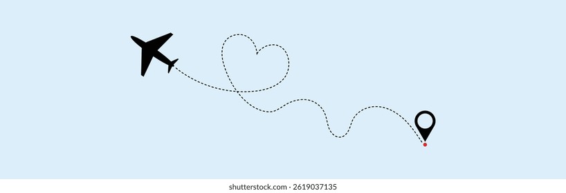 Love airplane route. Heart dashed line trace and plane routes. plane symbol with dotted line route. design for travel, honeymoon, holiday. transparent vector