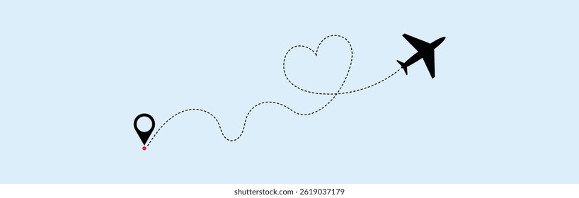 Love airplane route. Heart dashed line trace and plane routes. plane symbol with dotted line route. design for travel, honeymoon, holiday. transparent vector