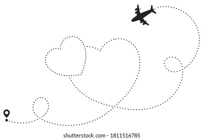 Love airplane route. Heart dotted route, airline destination map, romantic plane routes line, hearted traveling pathway vector illustration. Starting point love trace of flying aircraft