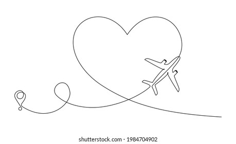 Love airplane route in one Continuous line drawing. Concept of Romantic vacation turism and travel. Hearted plane path. Simple vector illustration in linear style