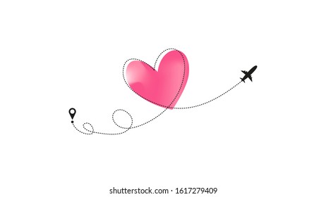 Love airplane route with pastel neon pink Heart dashed line trace and plane routes isolated on white background. Romantic wedding travel, Honeymoon trip. Hearted plane path drawing. Vector