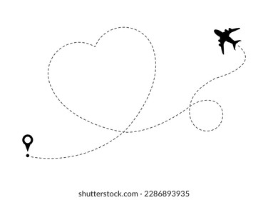Love airplane route, plane flying heart shape. Wedding symbol, travel path from dots. Dotted line and destination pin, romantic journey decent vector graphic