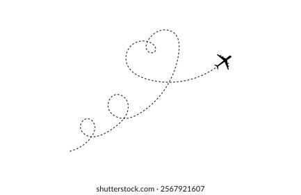 Love airplane route. Plane with heart shape dashed track, romantic wedding trip map decoration.	
