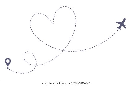 Love airplane route. Romantic travel, heart dashed line trace and plane routes. Hearted airplane path, flight air dotted love valentine day drawing isolated vector illustration