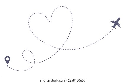 Love Airplane Route. Romantic Travel, Heart Dashed Line Trace And Plane Routes. Hearted Airplane Path, Flight Air Dotted Love Valentine Day Drawing Isolated Vector Illustration