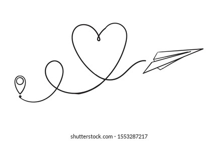 Love airplane route. Romantic travel, heart line trace and plane routes. Hearted airplane path, flight air trace love valentine day drawing with doodle hand drawn style vector