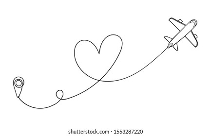Love airplane route. Romantic travel, heart line trace and plane routes. Hearted airplane path, flight air trace love valentine day drawing with doodle hand drawn style vector