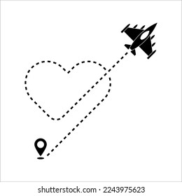 Love airplane route. Romantic travel, heart dashed line trace and plane routes. Hearted airplane path. vector illustration on white background.