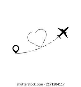 Love airplane route. Love travel route. Romantic travel, heart dashed line trace and plane routes. Hearted airplane path. Flat style vector illustration isolated on white background.