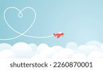 Love airplane routes and valentine's day illustrations. Romantic travel, heart line trace, red airplane routes with blue background and could. Vector illustration with blue color and copy space area
