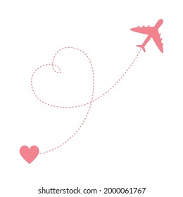 Love airplane travel route, air plane flight route with line trace isolated on white, vector icon Illustration