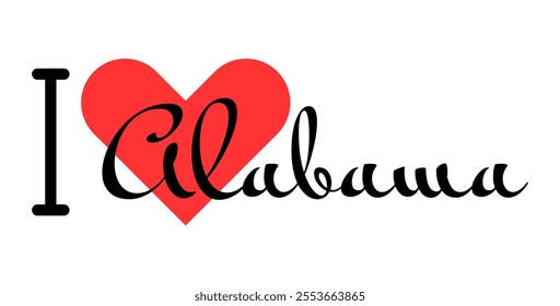 I love Alabama state of the United States of America. Hand drawn letters with red heart. USA regions vector illustration, lettering