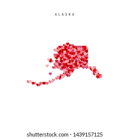 I Love Alaska. Red and Pink Hearts Pattern Vector Map of Alaska Isolated on White Background.