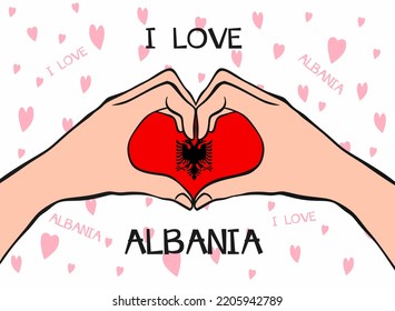 I love Albania. Heart hand gesture with Albania flag. Modern design with text I love Albania in flat style. Beautiful background design with hearts. Vector illustration eps 10
