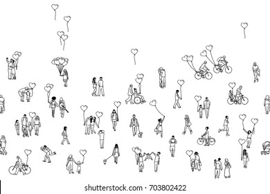 Love is all around - illustration of tiny people holding heart shaped balloons. Diverse collection of small hand drawn men, women and kids in black & white. Seamless banner, can be tiled horizontally