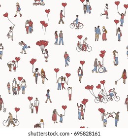 Love is all around - seamless pattern of tiny people holding heart shaped balloons - a diverse collection of small hand drawn men, women and kids 