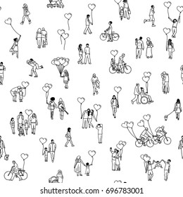 Love is all around - seamless pattern of tiny people holding heart shaped balloons - a diverse collection of small hand drawn men, women and kids in black and white