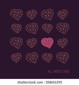 'Love is all around you!' Greeting Card. Copy space for text. Hearts made of triangles. Simple design for flyer, postcard or poster. Valentine's Day Card. Low-poly polygonal.