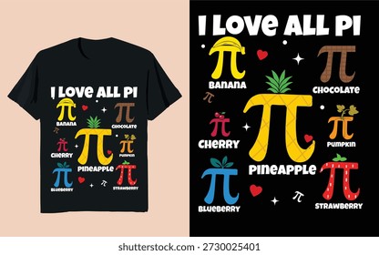 I Love All Pi Math Illustration with Colorful Pi Symbols on Black Background
