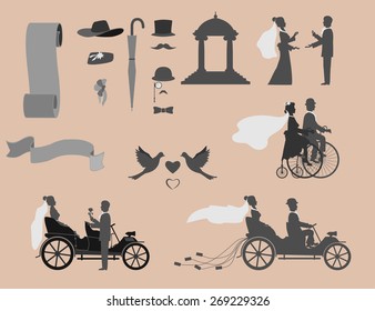 love in all times

set of wedding invitations on the retro bikes and vintage cars, different objects for designers.