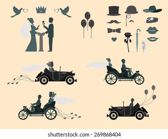 love in all times
set of wedding invitations on the vintage cars and sports cars . The groom gives the bride flowers . Different subjects for designers.