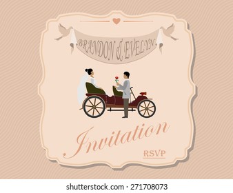 love in all times
wedding invitation card, a young lady sitting in a car, a gentleman gives a flower. for designers decomposed into layers