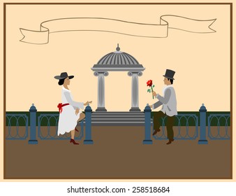 Love at all times. The young man gives a girl a flower, a gazebo in the distance.