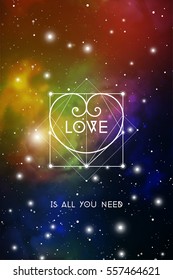 Love is all you need - esoteric sacred geometry style Valentine greeting card with heart shaped constellation on starry space background.