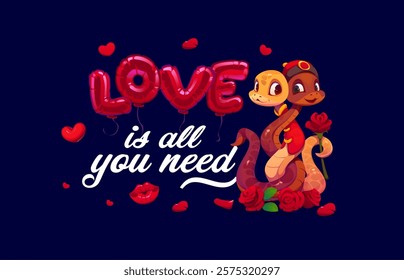 Love is all you need valentines day quote phrase. Vector two adorable romantic snakes entwined, holding a rose, with red balloon letters, surrounded by hearts, roses, petals, convey love and affection