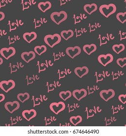 Love All-over Print. Seamless tile with pink hearts and love word on dark gray background.