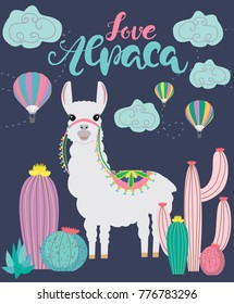 Love Alpaca card for holiday and decoration with cute Llama and cactus. Editable vector illustration