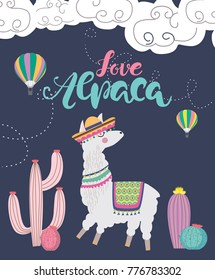 Amo tarjeta de Alpaca para vacaciones y decoración con el tierno Llama y cactus. Ilustración vectorial editable