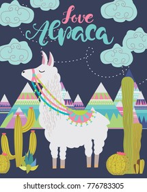 Love Alpaca card for holiday and decoration with cute Llama and cactus. Editable vector illustration