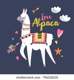 Love alpaca card for holiday and decoration with cute llama and hand drawn elements. Editable vector illustration. 