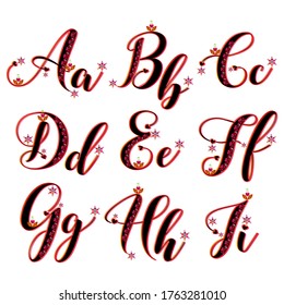 Love alphabets. ABC letters. Romantic black gradient font. Hearts leaf flake pattern vector. Abcdefghi set. Love romance feelings. Decorative alphabet. Fall autumn collection. Stock illustration.
