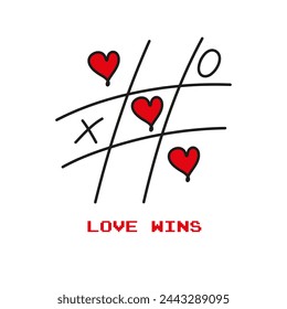 Love always wins in the game vector tic tac toe play together editable stroke 