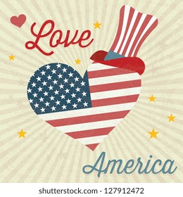 Love America (big heart and Usa flag) with commemorative hat. Vintage background