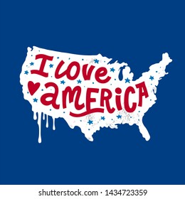 I love America. Happy 4th of July. Independence Day. Vector flat illustration template. Celebratory lettering on background of the American map. Cracks can be removed.