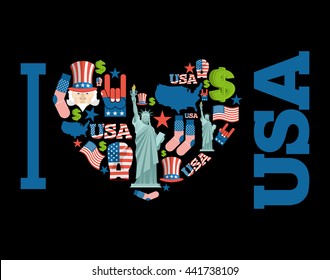 I love America. Sign heart of USA traditional folk characters. Map of country and United States flag. Statue of Liberty and Uncle Sam. Dollar and star. National patriotic American emblem