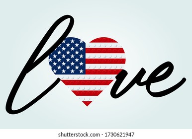 Love America USA Text. Flag in heart. Calligraphy text. From plastic building bricks blocks toy. Vector illustration.