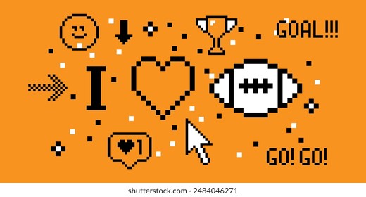 Love American football pixel art 8 bit design. Sport banner concept. Composition with rugby ball, heart, text Goal. Pixels Y2k trendy playful sticker. Mood of 90's aesthetics. Simple geometric form