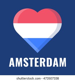 Love Amsterdam, city of Netherlands. Flat vector icon design illustration on dark background.