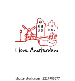 I love Amsterdam. Symbols of Holland. Architecture, wooden shoes, tulips. Design element of postcards, posters, stickers, packaging, souvenirs, etc. Hand-drawn vector illustration of doodles