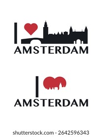I love Amsterdam vector art, badge, tag, icon, logo concept. Netherlands city landmarks and heart isolated image layout for print, image, card