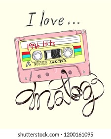 i love analog slogan with cassette tape illustration