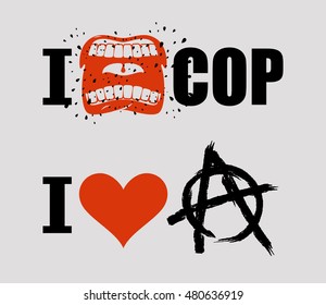 I love anarchy. I hate cop. loud cry of sign of aggression and hatred for police. Symbol of disorder and chaos. Emblem of arbitrariness and lack of state power. antisocial logo